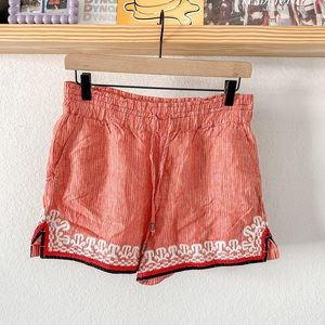 Anthropologie Beachcomber Coral Embroidered Linen Pull On Shorts XS